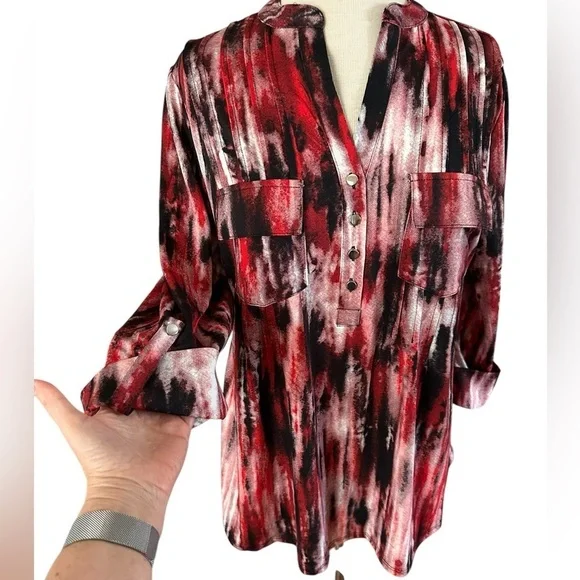 COCOMO 1X Red Black Plus Size  3/4 sleeve women's Pintuck … - Picture 7 of 12